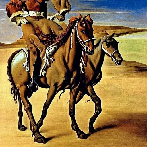 Image similar to A humanoid horse riding a wagon pulled by a human, renaissance oil painting by Salvador Dali