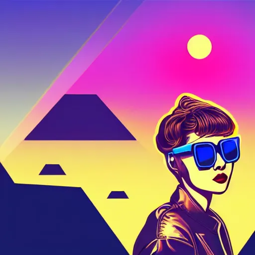 Image similar to a woman with light blue shutter shades in front of a sunset, a dark brown leather jacket, one side brown haircut with blue ends, vector art by jan tengnagel, pixabay contest winner, retrofuturism, retrowave, synthwave, outrun, portrait,