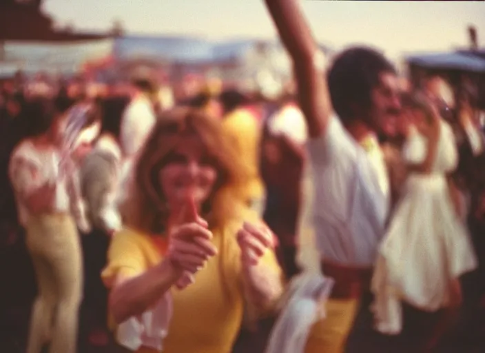 Image similar to close-up color film photography 1970s, people dancing at the festival, soft focus, golden hour, soft light, 35mm, film photo, Joel Meyerowitz