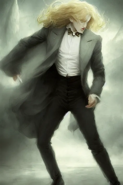 Image similar to johan liebert mixed with alucard picture by Greg Rutkowski, long fluffy blond curly hair, baroque curls, dynamic pose, thicc, matte painting, intricate, z brush, fantasy concept art, elegant, in a white dress shirt and black miniskirt, by Stanley Artgerm Lau, WLOP, golden ratio, thomas kindkade, alphonse mucha, loish, Peter chung, norman Rockwell,