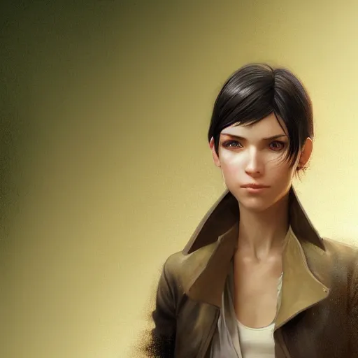 Prompt: a head and shoulders portrait of a young girl with green eyes and short black hair in a tan trenchcoat, from Final Fantasy XIII, retro, smooth, sharp focus, intricate, artstation, hyper realistic, detailed concept art by Rutkowski and Mucha and sky sewa and Marc Simonetti