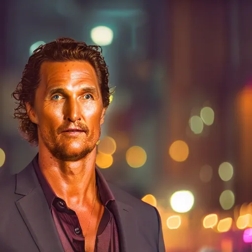 Prompt: a still of Mathew McConaughey. Close up. Shallow depth of field. City at night in background, lights, colors ,studio lighting, mood, 4K. Profession photography