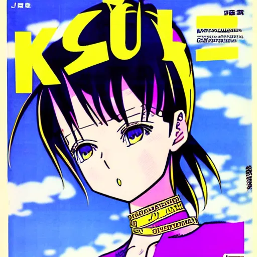 Image similar to 1993 Magazine Cover Anime key visual of a Versace girl; official media; typography; drawn by Hirohiko Araki; Jojo's Bizarre Adventure; Jojolion