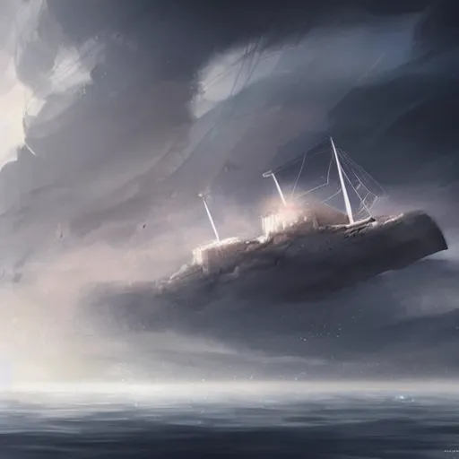 Image similar to large lonely ship drifting amongst the clouds and fog with heavy dark storm beautiful Concept art