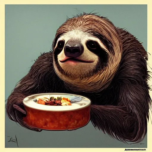 Image similar to detailed science - fiction character portrait of a sloth eating sushi, intricate, wild, highly detailed, digital painting, artstation, concept art, smooth, sharp focus, illustration, art by artgerm and greg rutkowski and alphonse mucha