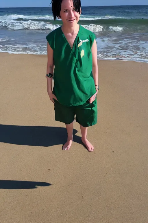 Prompt: a full - length photo of real life toph from avatar sitting on a beach