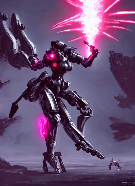 Prompt: epic cinematic shot of singular stunning beautiful hot anthropomorphic mecha female dragon fighting in the nuclear war with laser rifle, has silver armor and fuchsia skin, skeletons on the ground, bleak atmosphere, warframe fanart, terminator art, epic scale, furaffinity, deviantart, octane