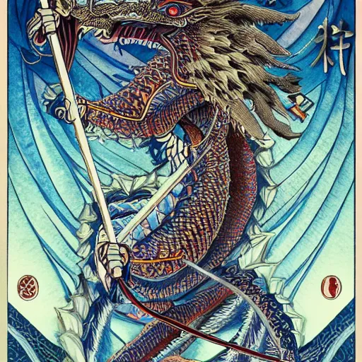 Prompt: tarot card art of a beautiful fierce japanese dragon on a highly detailed japanese environment, 8k, illustration, intricate, matte paining, trending on artstation n -9