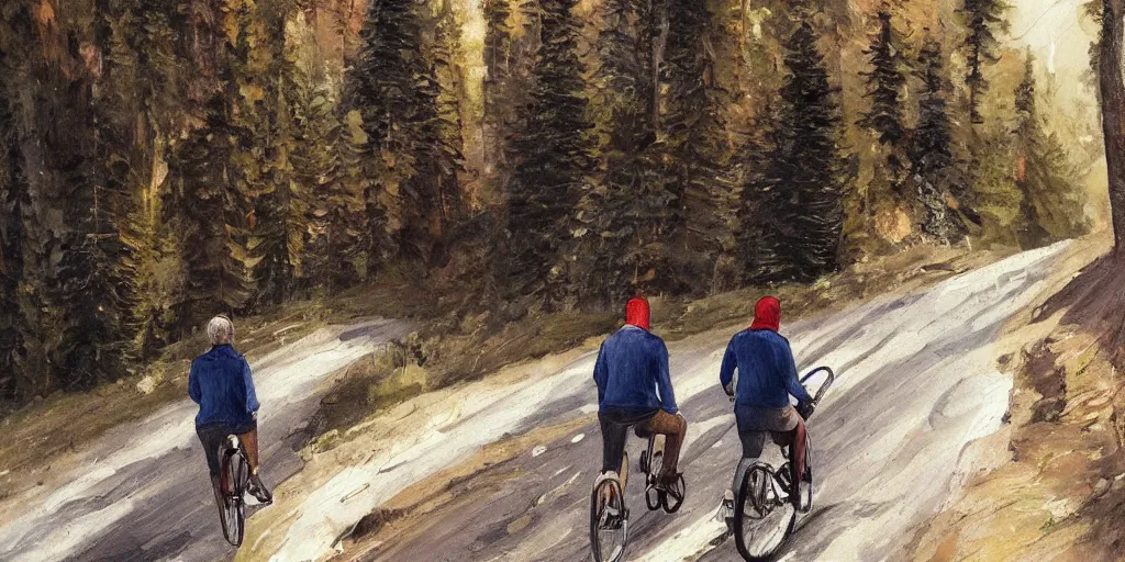 Image similar to Exactly two men biking alone up a steep forest hill. One with a deep dark blue sweater and the other with a wine red sweater. sweaty. Oil painting. Emotional. Trending on artstation. Steep. Nordic Trees. Rustic. Artistic.