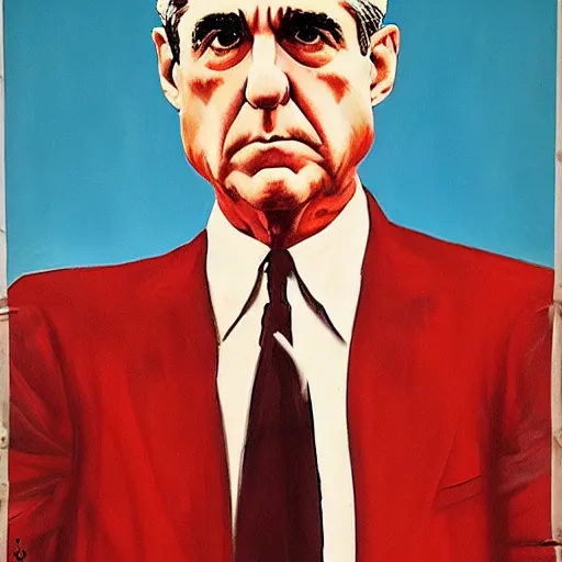 Image similar to surreal socialist realist painting of robert mueller!!! standing with folded arms, polish movie poster