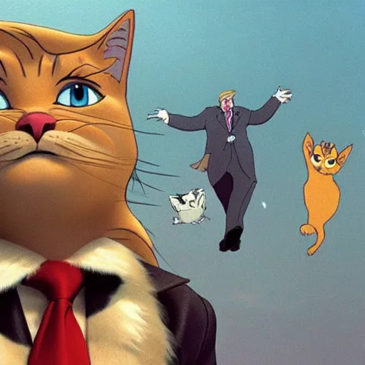 Image similar to donald trump ascending to the heaviside layer in the movie cats, by studio ghibli, hyper - detailed