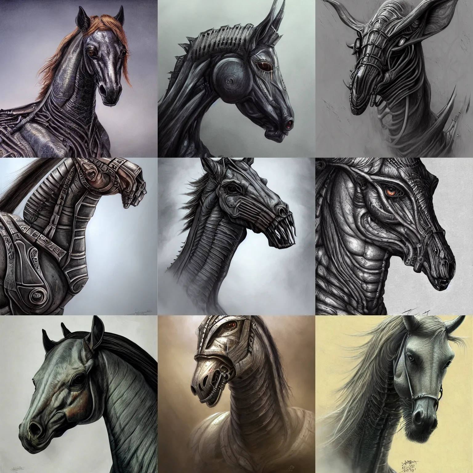 Prompt: a horse in the style of h. r. giger, realistic painting, high definition, digital art, matte painting, very detailed, concept art, pixiv, deviantart, artstation, illustration, realistic