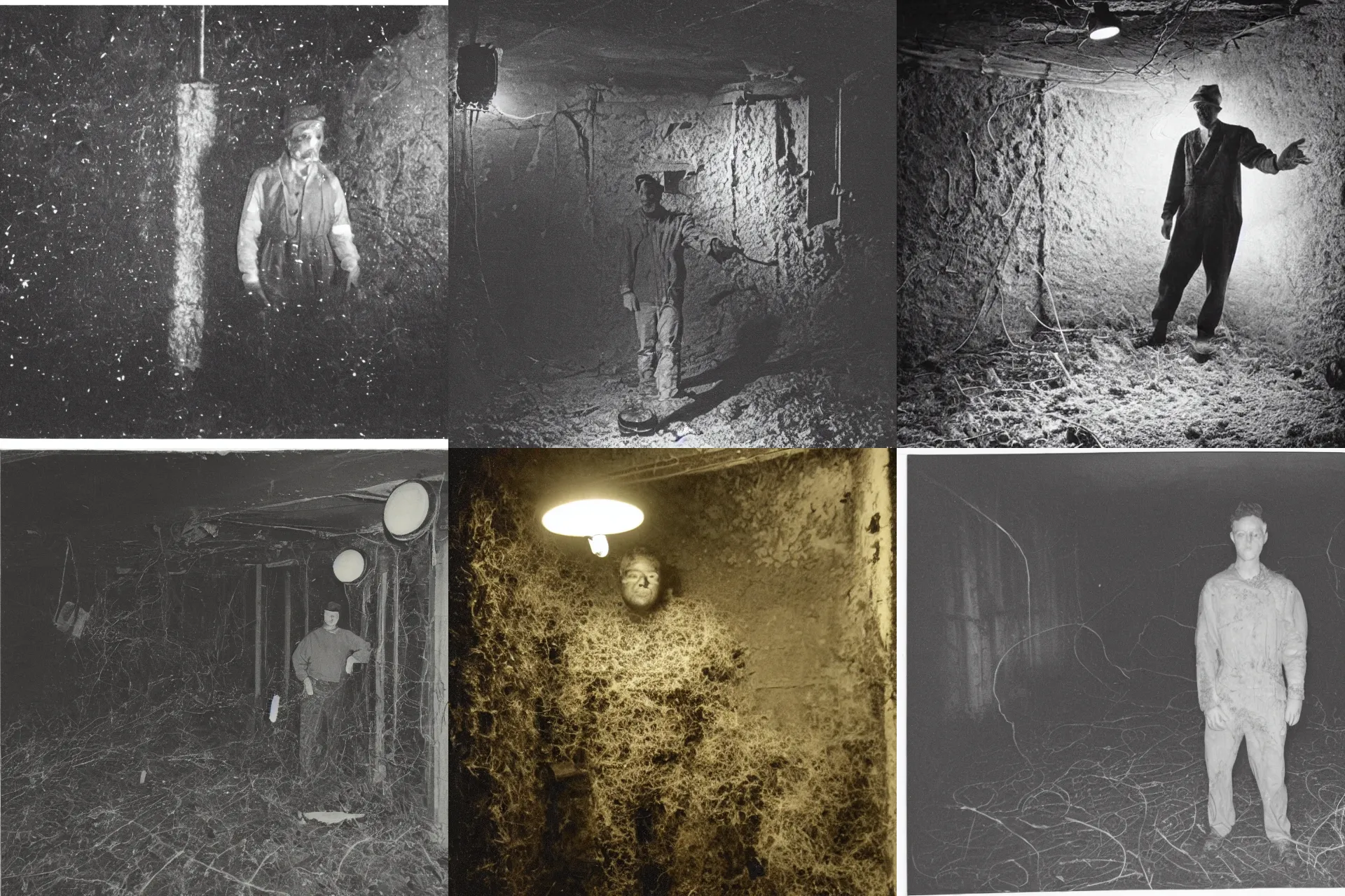 Prompt: a vintage photograph of a man made out of mycelium in a dark decrepit basement, flashlight beam