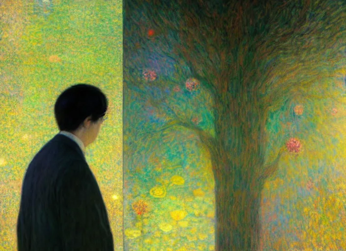 Image similar to portrait of man outside office building, cynical realism, painterly, yoshitaka amano, monet, moebius, beautiful lighting, miles johnston, klimt, tendrils, in the style of, louise zhang, tree of life screenshots, james jean, two figures