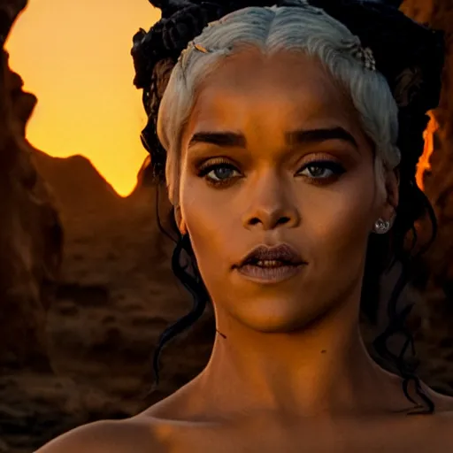 Image similar to rhianna as daenerys targaryen, golden hour, cinematic