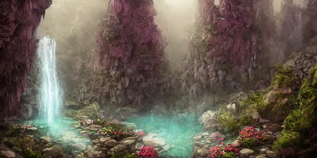 Image similar to cozy mountain hot springs hidden in a cave, lush trees and flowers, date trees, ivory towers, sun setting, ross tran, nephilim, pyroclastic flow, ethereal, fantasy, James Jean, oozium, peter morbacher, angelarium, alchemy, luxury, heavenly light, Soft illumination, Trending on artstation, Cinematic Lighting, digital painting, octane render, artgerm