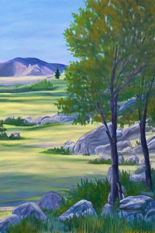 Image similar to bob ross painting of big rock okotoks alberta