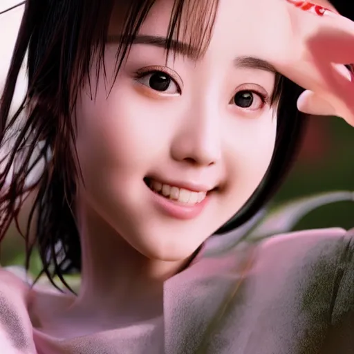 Image similar to a dynamic, epic cinematic 8K HD movie shot of close-up japanese beautiful cute young J-Pop idol actress girl face. Motion, VFX, Inspirational arthouse, at Behance, with Instagram filters