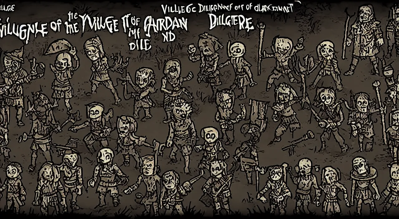 Prompt: Village of the damned, in the style of the Darkest Dungeon game