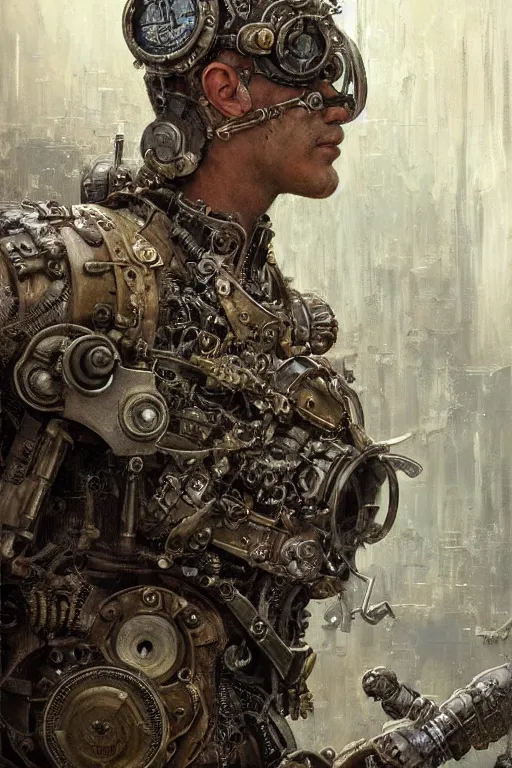 Prompt: an ancient roman steampunk engineer with a cybernetic eyepatch, upper body, highly detailed, intricate, sharp details, dystopian mood, sci-fi character portrait by gaston bussiere, craig mullins