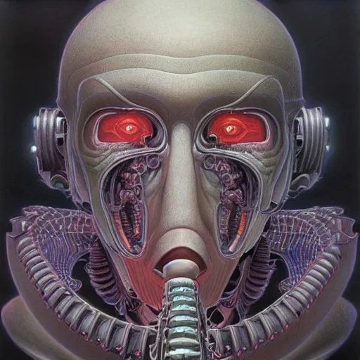 Prompt: biomechanical portrait of man connected to machine by Wayne Barlowe
