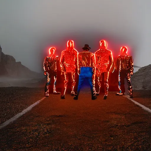 Prompt: unsplash contest winning photo, a giant crowd of men wearing shiny reflective mirrored polygonal man costumes, inside a colorful dramatic unique rocky western landscape, low fog, giant neon frame