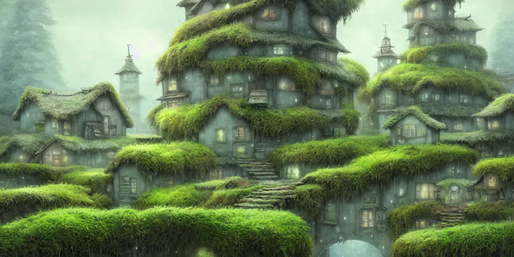 Image similar to a mossy village, dreamy, liminal space illustrated by miyazaki, hiroyuki kato, keisuke goto, highly detailed, concept art, illustration art