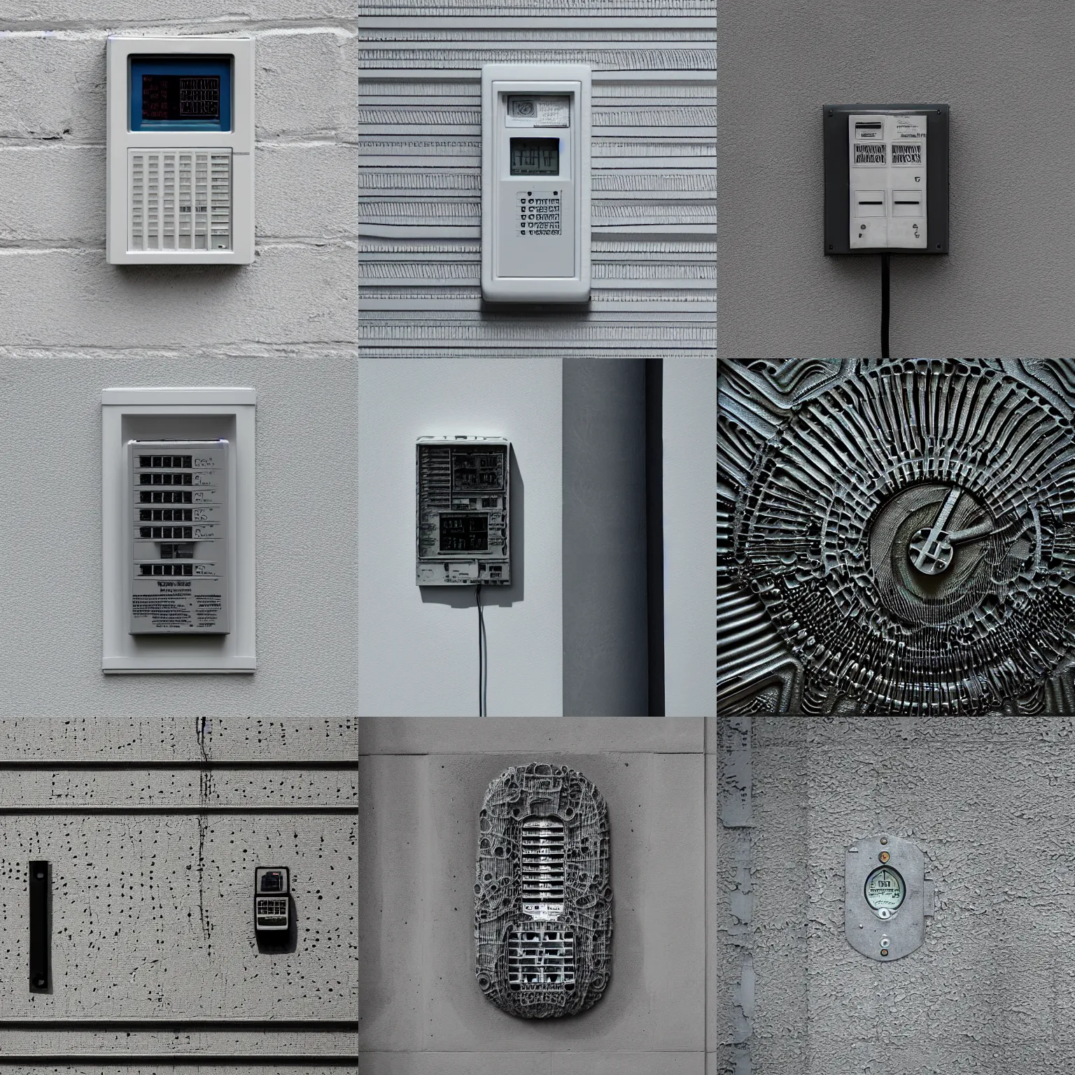 Prompt: albedo texture, complex electricity meter designed by H R Giger on a white wall