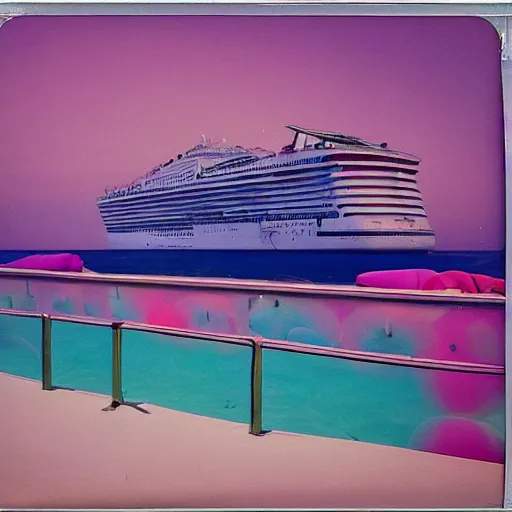 Prompt: a pastel colour high fidelity wide angle Polaroid art photo from a holiday album at a seaside of a large luxury pink ship in the sea surrounded by abstract inflatables parachute art, all objects made of transparent iridescent Perspex and metallic silver, a grid of sun beds iridescence, nostalgic