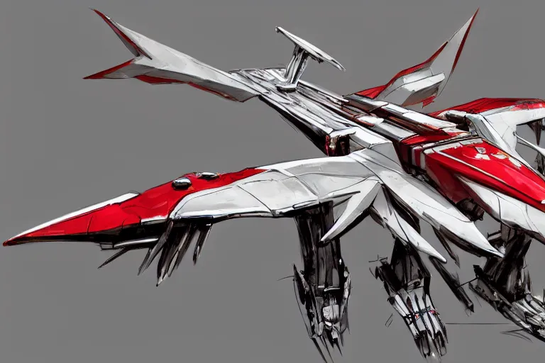 Prompt: a pteranodon mecha interceptor, white john berkey armor panels, wine-red and grey trim, robotech styling, with white Kanji markings outlined in black, boeing concept art painting, cinematic lighting, amazing lifelike cinematic photo render