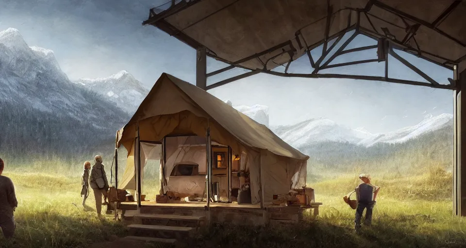 Image similar to cabela's beautiful comfortable modular insulated wall kit - house all weather family dwelling tent house, person in foreground, mountainous forested wilderness open fields, beautiful views, painterly concept art, joanna gaines, environmental concept art, farmhouse, magnolia, concept art illustration, by james gurney, by craig mullins, by greg rutkowski trending on artstation