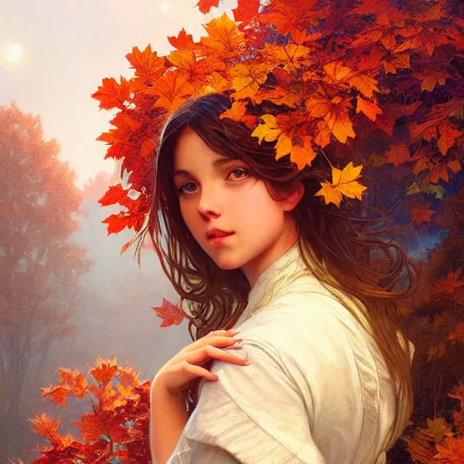 Image similar to ! dream summer becomes autumn, intricate, highly detailed, digital painting, artstation, concept art, smooth, sharp focus, illustration, unreal engine 5, 8 k, art by artgerm and greg rutkowski and alphonse mucha