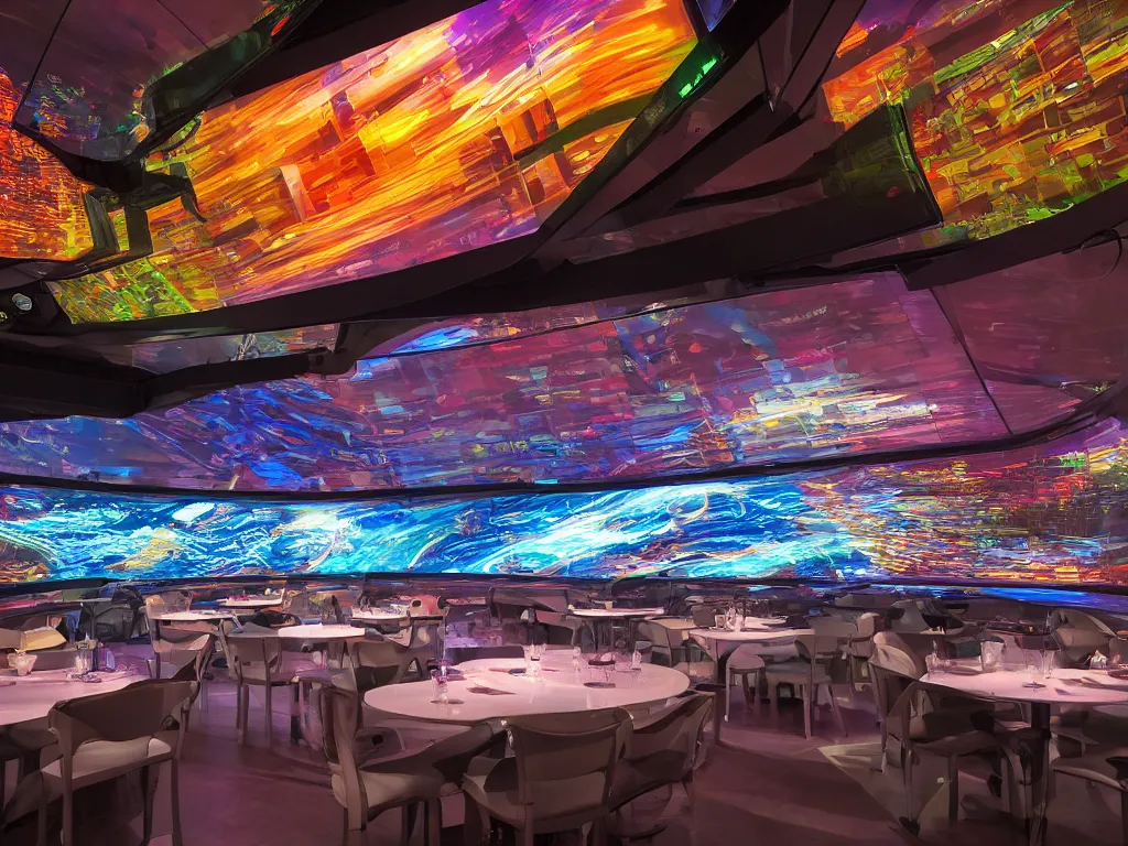 Image similar to visor with curved translucent screens projecting detailed sci - fi art ( 2 0 4 2 ), pixel perfect photograph, high contrast, volumetric lighting, thin glowing lights, restaurant, chairs, users, pair of keys