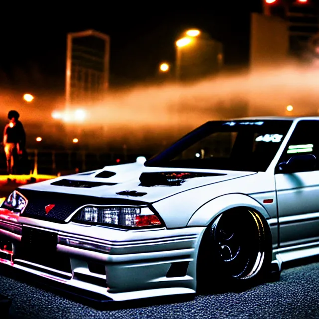 Image similar to a car JZX90 twin turbo drift at illegal car meet, Saitama prefecture, city midnight mist lights, cinematic lighting, photorealistic, highly detailed wheels, high detail