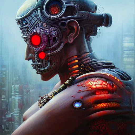 Prompt: a hyperrealistic acrylic on fibreboard portrait painting of a cyberpunk - necromancer by artgerm, beksinski and thomas kinkade. intricate details. believable eyes. head and shoulders. front on, symmetrical. epic fantasy art. indian and japanese mythology. shiva. samurai. dystopian art