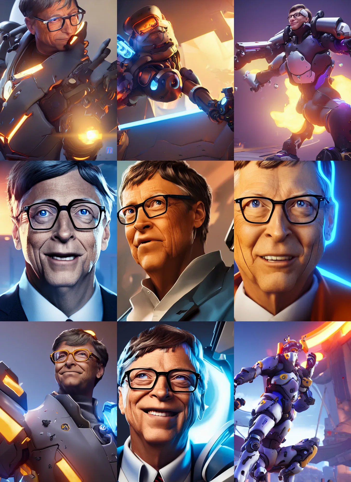 Image similar to bill gates in overwatch, overwatch fanart, trending on artstation, 8 k, octane render, detailed lighting, high quality render, aesthetic, unreal engine