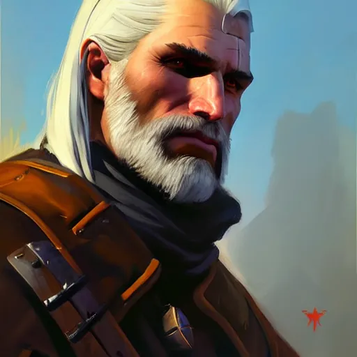 Image similar to Greg Manchess portrait painting of Geralt of Riva as Overwatch character, medium shot, asymmetrical, profile picture, Organic Painting, sunny day, Matte Painting, bold shapes, hard edges, street art, trending on artstation, by Huang Guangjian and Gil Elvgren and Sachin Teng