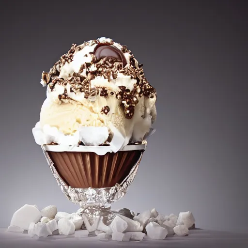 Image similar to an ice cream sundae made out of diamonds and chocolate, elegant and ornate,