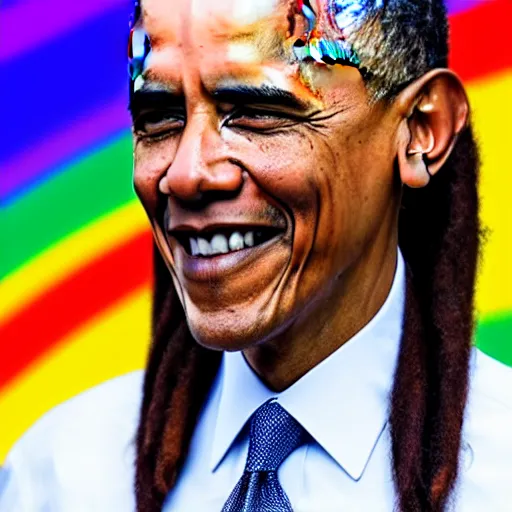 Prompt: barack obama with rainbow teeth and rainbow dreadlocks and a tattoo of the number 6 9 on his forehead, close - up photograph, 4 k