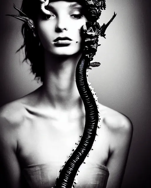 Image similar to dark background, a black and white high quality dreamy photo of a young beautiful female queen-dragon-vegetal-flower-cyborg bust with a very long neck, elegant, highly detailed, poetic, soft, dreamy, mysterious, high fashion, rim light, in the style of Ellen von Unwerth, Realistic, Refined, Digital Art, Highly Detailed, Cinematic Lighting, rim light, black and white, photo-realistic, 8K