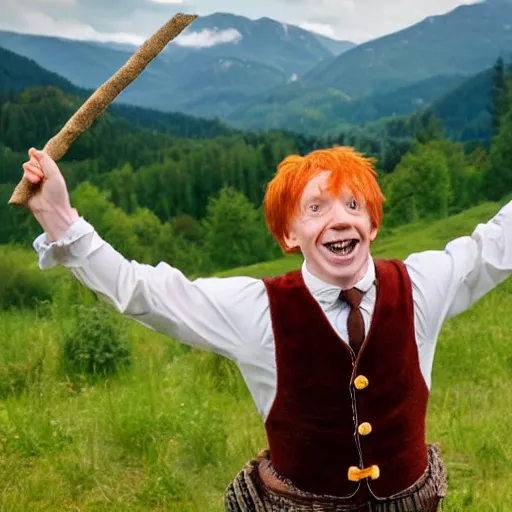 Image similar to ronald weasley, as a bavarian, enjoying the foothills, photo realistic, happy.