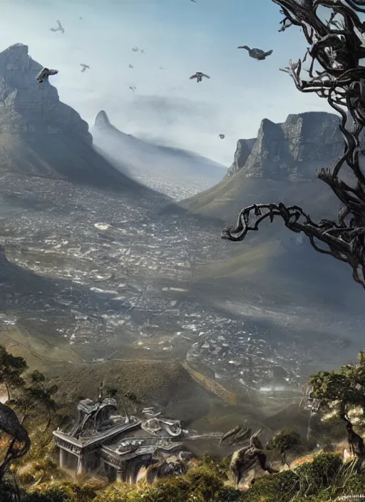 Image similar to chtulu attacking cape town city, table mountain, dense foliage beautiful details, strong composition by kim jung giu weta studio rutkowski, james gurney and greg rutkowski, and lucasfilm