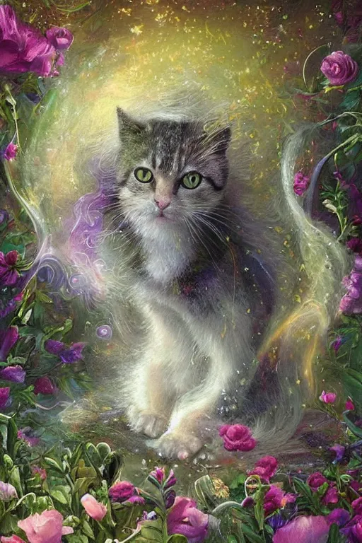 Prompt: elaborately detailed close up portrait of an extremely beautiful cat with very long white fur surrounded by flowers, an eerie mist and many ethereal rainbow bubbles, Art Noveau, Aetherpunk, atmospheric lightning, dreamscape maximized, high fantasy professionally painted digital art painting, smooth, sharp focus, highly detailed illustration highlights, backlight, golden ratio, 8K detail post-processing, symmetrical features, rich deep moody colors, dark epic fantasy, award winning picture, featured on DeviantArt, trending on cgsociety