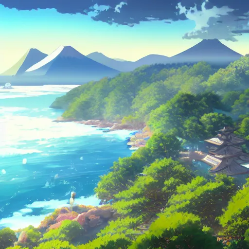 Image similar to A beautiful painting of japan coast with mountains ,Anime ,nature ,illustration, Nature wallpaper, Bright and airy, Aerial, Makoto shinkai ,Trending on artstation