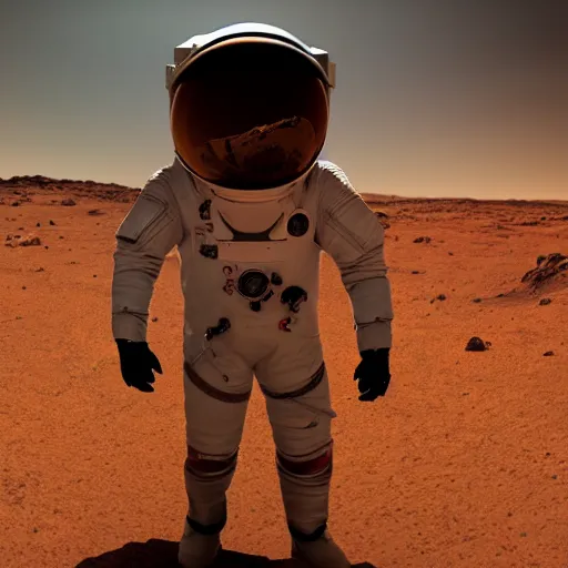 Image similar to elon musk standing on the surface on mars in a spacesuit, dramatic lighting, cinematic, wide shot, 4 k, hd, sharpdetails