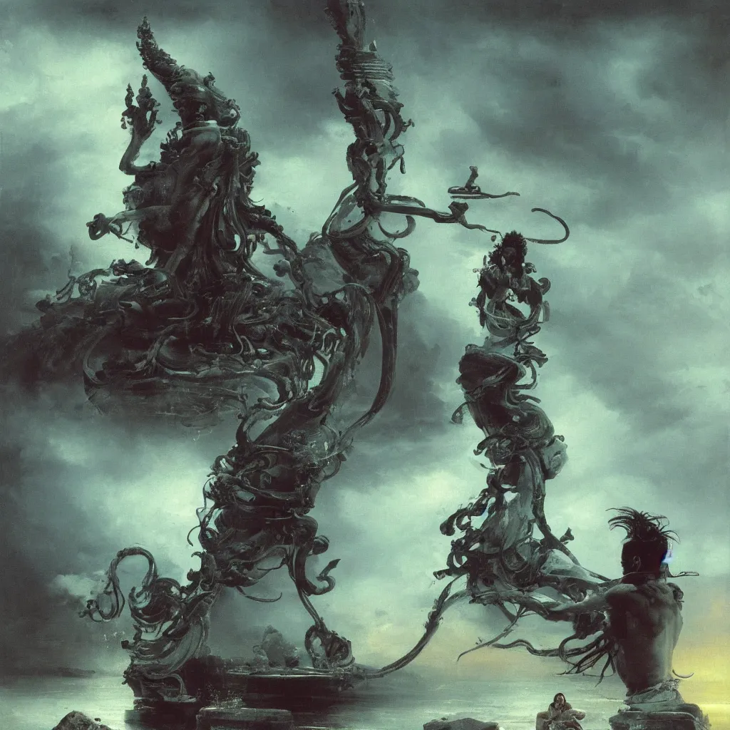 Image similar to One many-armed Shiva sits. In the background gasoline on the water. Dark colors, high detail, hyperrealism, masterpiece, close-up, ceremonial portrait, solo, rich deep colors, realistic, art by Yoshitaka Amano, Ivan Aivazovsky