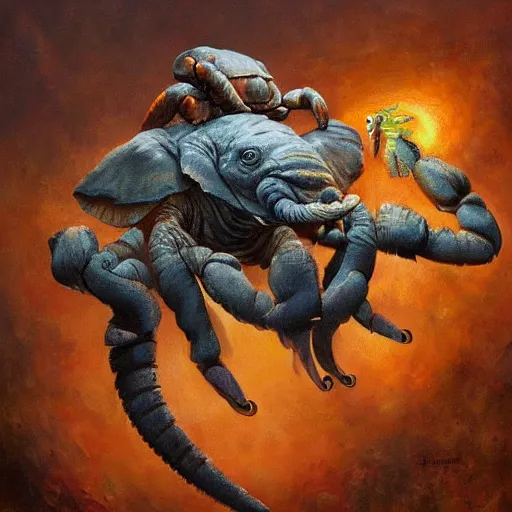 Image similar to elephant - crab creature, oil painting by justin gerard