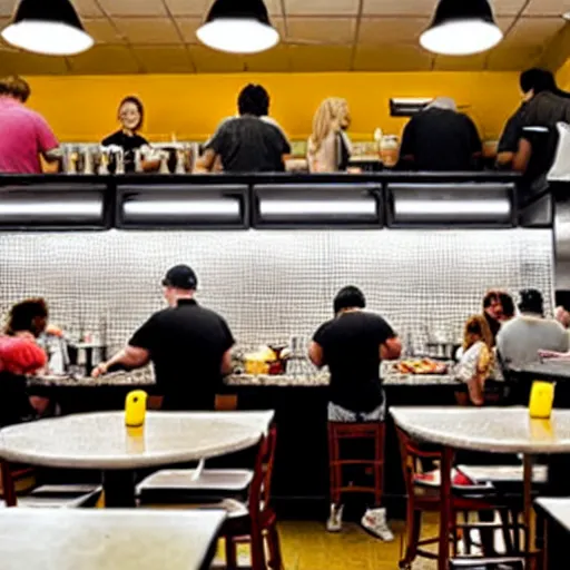 Image similar to busy wafflehouse interior with customers eating breakfast and wafflehouse employees serving food and cooking behind countertop bar that has customers sitting at