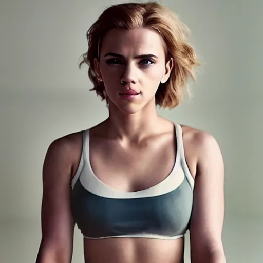 Image similar to a woman who is a genetic combination of scarlett johansson and emma watson face and upper - body focus