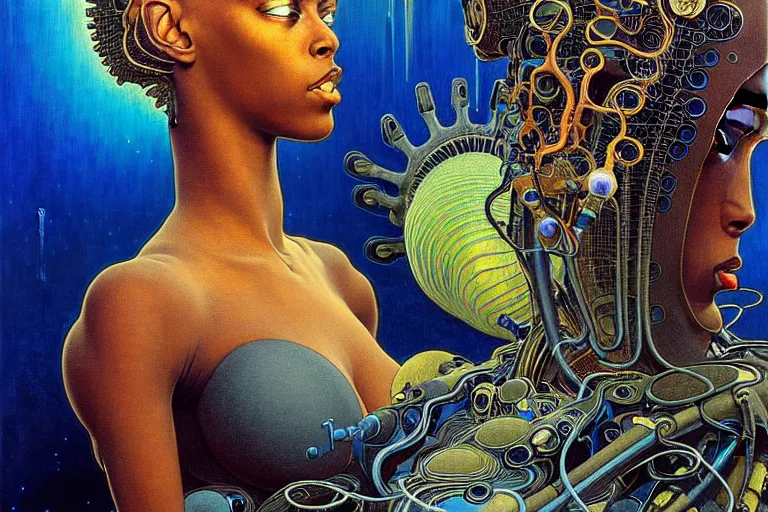 Image similar to realistic extremely detailed portrait painting of a beautiful black woman with a robot, futuristic sci-fi landscape on background by Jean Delville, Amano, Yves Tanguy, Ilya Repin, Alphonse Mucha, Ernst Haeckel, Edward Robert Hughes, Roger Dean, rich moody colours, blue eyes